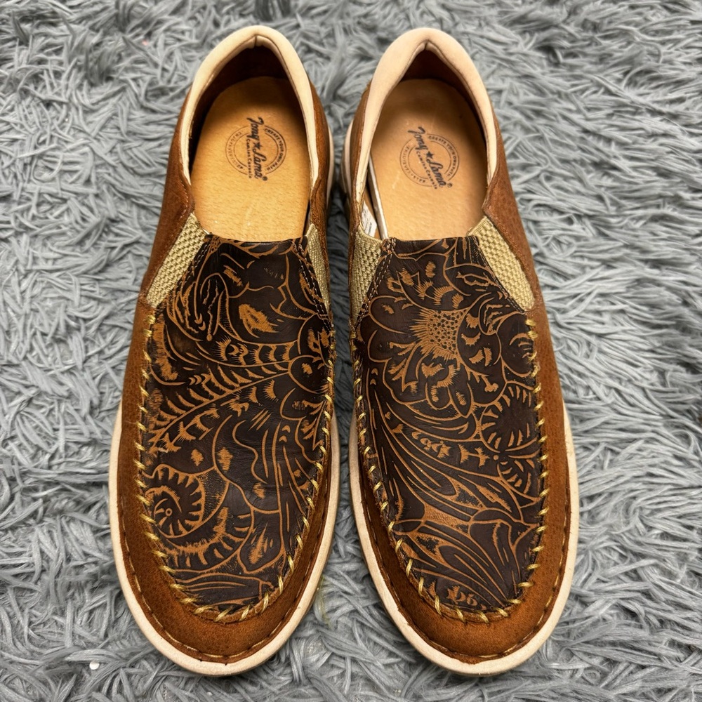 Tony Lama Brown Floral Slip-On Loafers